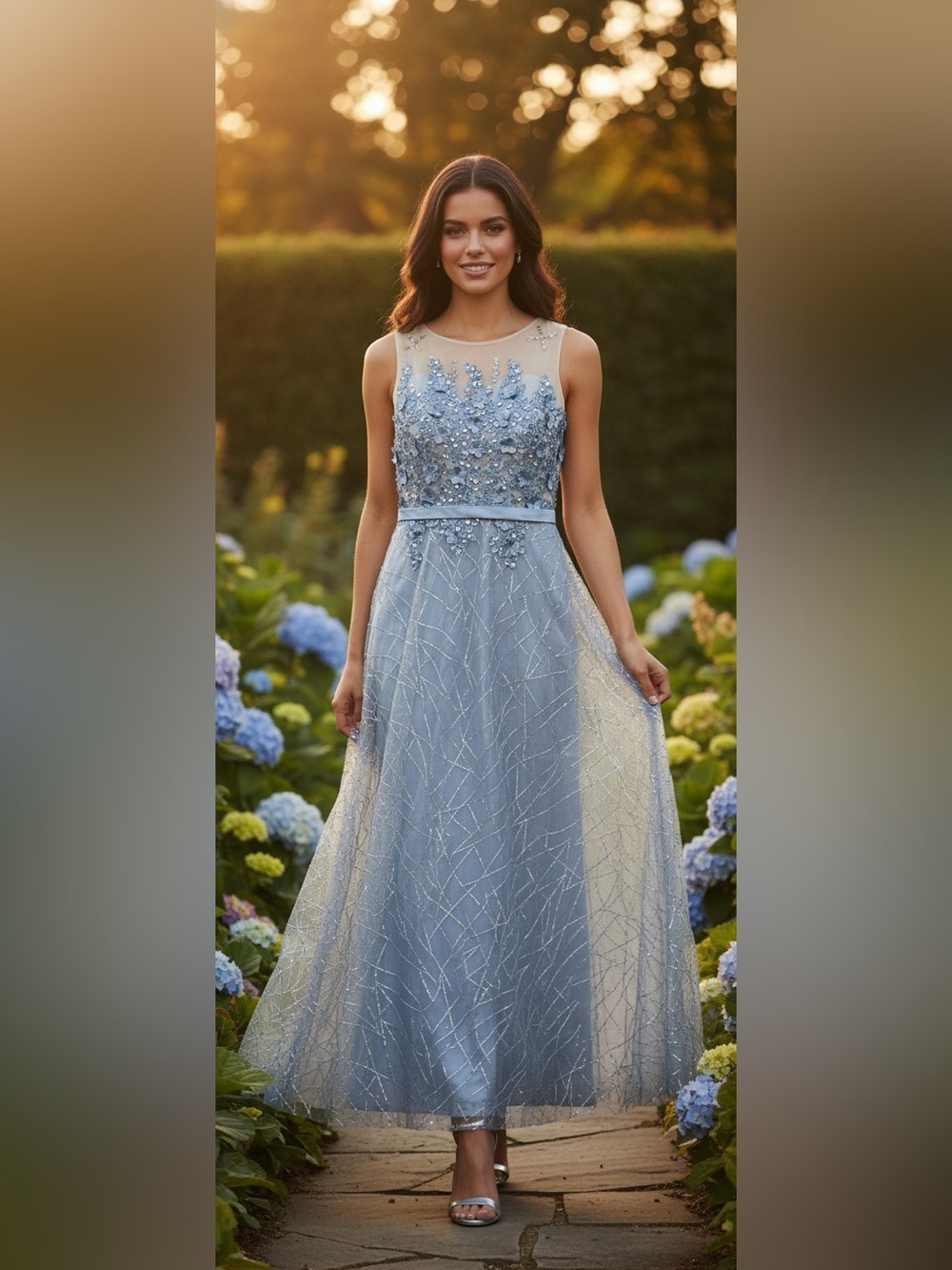 Blue Embellished Tulle Prom Dress with Sheer Neckline